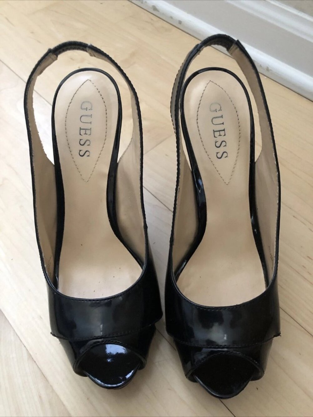 Guess Open Toe Black Patent Leather Platform Stiletto’s - Women's Size 6